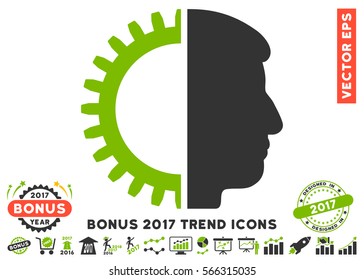 Eco Green And Gray Android Head icon with bonus 2017 year trend symbols. Vector illustration style is flat iconic bicolor symbols, white background.