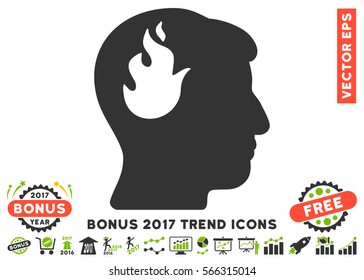 Eco Green And Gray Brain Fire icon with bonus 2017 trend icon set. Vector illustration style is flat iconic bicolor symbols, white background.
