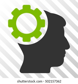 Eco Green And Gray Brain Gear toolbar pictogram. Vector pictograph style is a flat bicolor symbol on diagonal hatch transparent background.