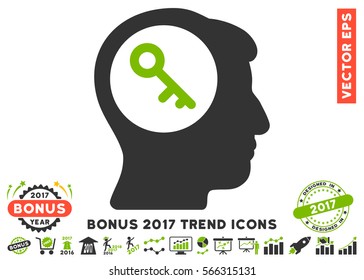 Eco Green And Gray Brain Key pictograph with bonus 2017 year trend design elements. Vector illustration style is flat iconic bicolor symbols, white background.