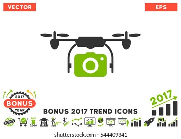 Eco Green And Gray Camera Drone icon with bonus 2017 trend elements. Vector illustration style is flat iconic bicolor symbols, white background.