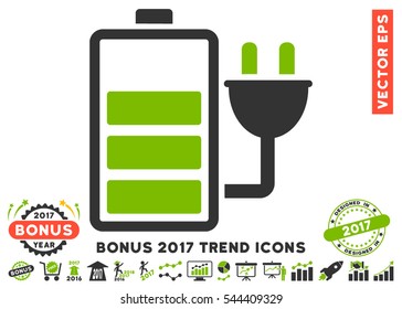 Eco Green And Gray Charge Battery pictogram with bonus 2017 year trend images. Vector illustration style is flat iconic bicolor symbols, white background.