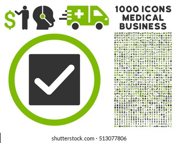 Eco Green And Gray Check vector bicolor rounded icon. Image style is a flat icon symbol inside a circle, white background. Bonus set has 1000 health care business pictograms.