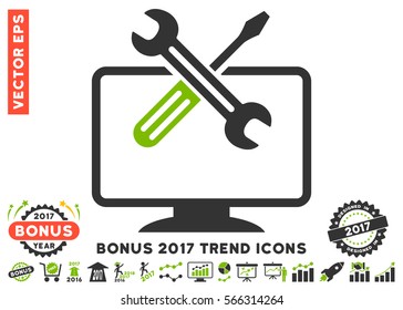 Eco Green And Gray Computer Tools icon with bonus 2017 year trend pictures. Vector illustration style is flat iconic bicolor symbols, white background.