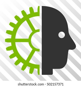 Eco Green And Gray Cyborg Head interface pictogram. Vector pictogram style is a flat bicolor symbol on diagonal hatch transparent background.