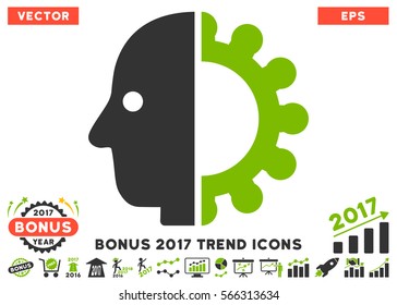 Eco Green And Gray Cyborg Head pictogram with bonus 2017 trend pictures. Vector illustration style is flat iconic bicolor symbols, white background.