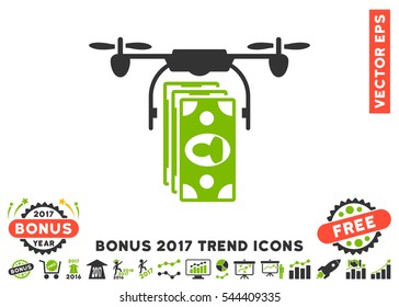 Eco Green And Gray Drone Banknotes Payment icon with bonus 2017 year trend pictures. Vector illustration style is flat iconic bicolor symbols, white background.