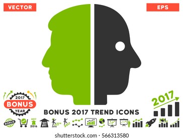 Eco Green And Gray Dual Face icon with bonus 2017 trend symbols. Vector illustration style is flat iconic bicolor symbols, white background.