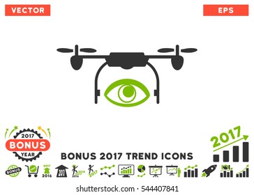 Eco Green And Gray Eye Spy Drone pictograph with bonus 2017 year trend icon set. Vector illustration style is flat iconic bicolor symbols, white background.