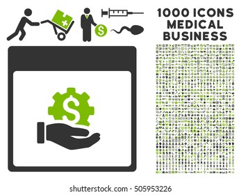 Eco Green And Gray Financial Development Hand Calendar Page vector icon with 1000 medical business pictograms. Set style is flat bicolor symbols, eco green and gray colors, white background.