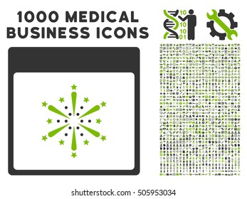 Eco Green And Gray Fireworks Boom Calendar Page vector icon with 1000 medical business pictograms. Set style is flat bicolor symbols, eco green and gray colors, white background.
