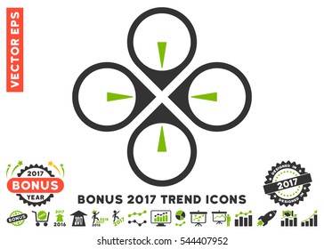 Eco Green And Gray Fly Drone icon with bonus 2017 year trend elements. Vector illustration style is flat iconic bicolor symbols, white background.