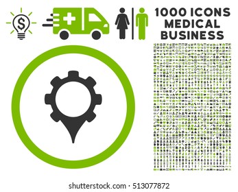 Eco Green And Gray GPS Settings vector bicolor rounded icon. Image style is a flat icon symbol inside a circle, white background. Bonus set has 1000 health care business design elements.