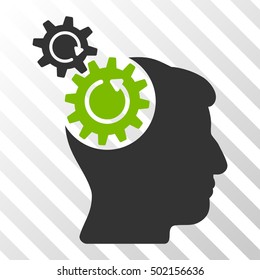 Eco Green And Gray Head Cogs Rotation interface icon. Vector pictogram style is a flat bicolor symbol on diagonal hatch transparent background.