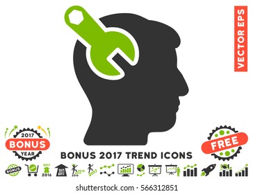 Eco Green And Gray Head Neurology Wrench pictogram with bonus 2017 trend symbols. Vector illustration style is flat iconic bicolor symbols, white background.