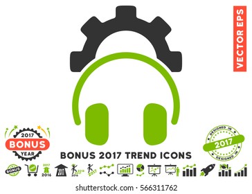 Eco Green And Gray Headphones Configuration Gear pictograph with bonus 2017 year trend images. Vector illustration style is flat iconic bicolor symbols, white background.