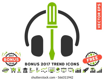 Eco Green And Gray Headphones Tuning Screwdriver pictograph with bonus 2017 trend symbols. Vector illustration style is flat iconic bicolor symbols, white background.