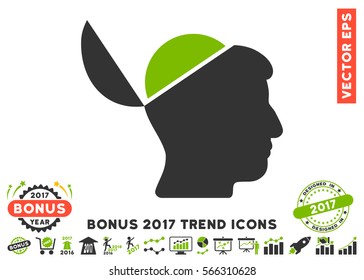 Eco Green And Gray Open Brain pictograph with bonus 2017 year trend icon set. Vector illustration style is flat iconic bicolor symbols, white background.