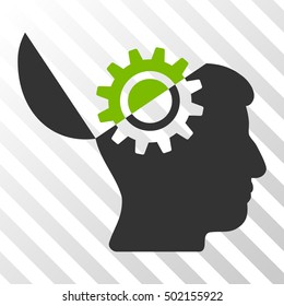 Eco Green And Gray Open Mind Gear interface toolbar icon. Vector pictogram style is a flat bicolor symbol on diagonal hatch transparent background.