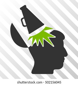 Eco Green And Gray Open Mind Megaphone interface icon. Vector pictograph style is a flat bicolor symbol on diagonal hatch transparent background.