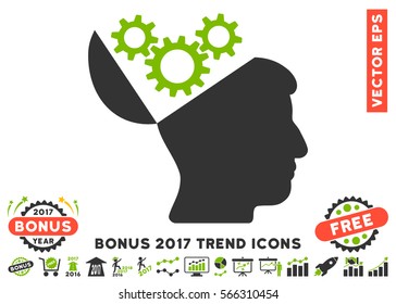 Eco Green And Gray Open Mind Gears pictogram with bonus 2017 trend symbols. Vector illustration style is flat iconic bicolor symbols, white background.