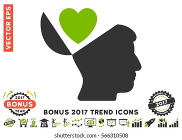 Eco Green And Gray Open Mind Love Heart icon with bonus 2017 trend design elements. Vector illustration style is flat iconic bicolor symbols, white background.