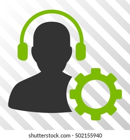Eco Green And Gray Operator Configuration Gear interface toolbar icon. Vector pictograph style is a flat bicolor symbol on diagonal hatch transparent background.