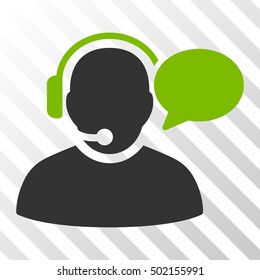 Eco Green And Gray Operator Message toolbar pictogram. Vector pictograph style is a flat bicolor symbol on diagonal hatch transparent background.