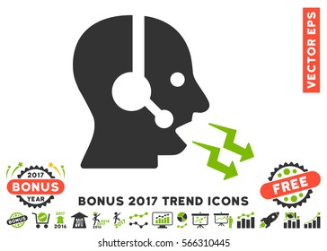 Eco Green And Gray Operator Shout icon with bonus 2017 year trend images. Vector illustration style is flat iconic bicolor symbols, white background.