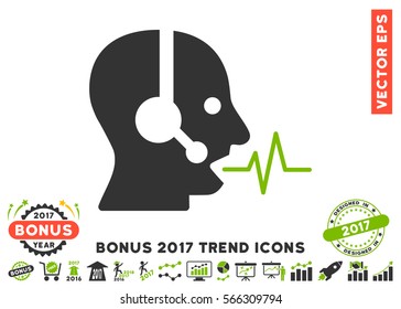 Eco Green And Gray Operator Speech icon with bonus 2017 year trend images. Vector illustration style is flat iconic bicolor symbols, white background.