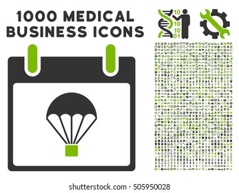 Eco Green And Gray Parachute Calendar Day vector icon with 1000 medical business pictograms. Set style is flat bicolor symbols, eco green and gray colors, white background.