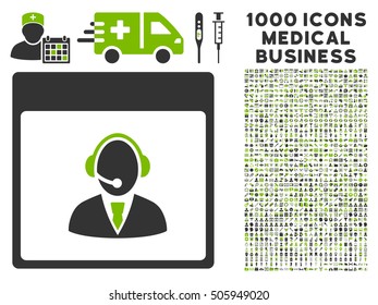 Eco Green And Gray Reception Operator Calendar Page vector icon with 1000 medical business pictograms. Set style is flat bicolor symbols, eco green and gray colors, white background.