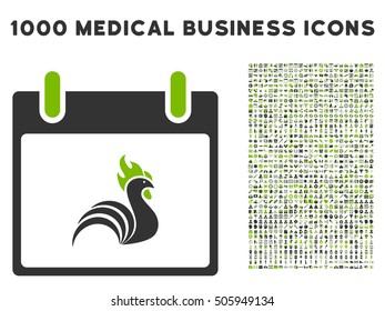Eco Green And Gray Rooster Calendar Day vector icon with 1000 medical business pictograms. Set style is flat bicolor symbols, eco green and gray colors, white background.