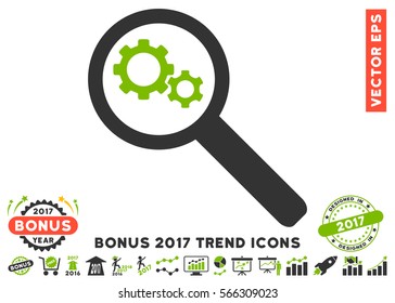 Eco Green And Gray Search Gears Tool pictograph with bonus 2017 year trend symbols. Vector illustration style is flat iconic bicolor symbols, white background.