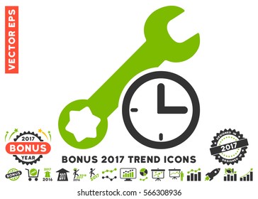 Eco Green And Gray Service Time pictograph with bonus 2017 year trend pictograms. Vector illustration style is flat iconic bicolor symbols, white background.