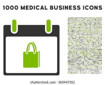 Eco Green And Gray Shopping Bag Calendar Day vector icon with 1000 medical business pictograms. Set style is flat bicolor symbols, eco green and gray colors, white background.