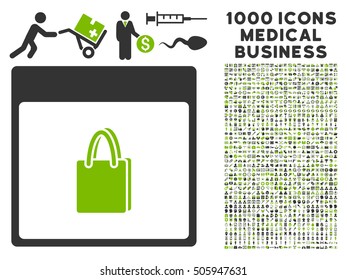 Eco Green And Gray Shopping Bag Calendar Page vector icon with 1000 medical business pictograms. Set style is flat bicolor symbols, eco green and gray colors, white background.
