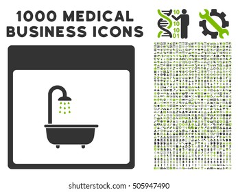 Eco Green And Gray Shower Bath Calendar Page vector icon with 1000 medical business pictograms. Set style is flat bicolor symbols, eco green and gray colors, white background.