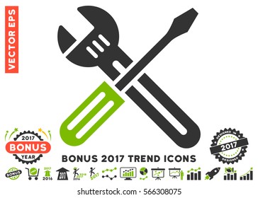 Eco Green And Gray Spanner And Screwdriver pictograph with bonus 2017 year trend symbols. Vector illustration style is flat iconic bicolor symbols, white background.