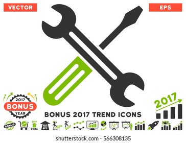 Eco Green And Gray Spanner And Screwdriver icon with bonus 2017 year trend symbols. Vector illustration style is flat iconic bicolor symbols, white background.