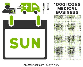 Eco Green And Gray Sunday Calendar Page vector icon with 1000 medical business pictograms. Set style is flat bicolor symbols, eco green and gray colors, white background.