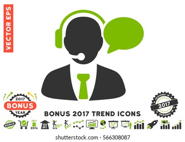 Eco Green And Gray Support Manager Message icon with bonus 2017 year trend pictures. Vector illustration style is flat iconic bicolor symbols, white background.