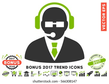 Eco Green And Gray Support Manager pictograph with bonus 2017 year trend icon set. Vector illustration style is flat iconic bicolor symbols, white background.