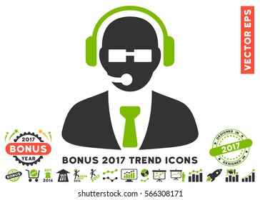 Eco Green And Gray Support Manager icon with bonus 2017 year trend icon set. Vector illustration style is flat iconic bicolor symbols, white background.