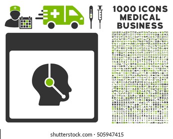 Eco Green And Gray Telemarketing Operator Calendar Page vector icon with 1000 medical business pictograms. Set style is flat bicolor symbols, eco green and gray colors, white background.