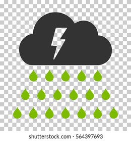 Eco Green And Gray Thunderstorm Rain Cloud interface icon. Vector pictograph style is a flat bicolor symbol on chess transparent background.