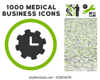 Eco Green And Gray Time Settings vector bicolor rounded icon. Image style is a flat icon symbol inside a circle, white background. Bonus clip art includes 1000 medicine business pictographs.