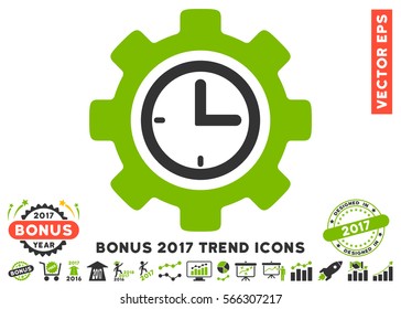 Eco Green And Gray Time Setup Gear icon with bonus 2017 trend symbols. Vector illustration style is flat iconic bicolor symbols, white background.
