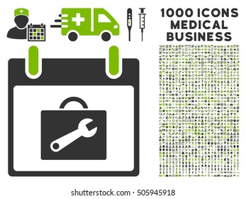 Eco Green And Gray Toolbox Calendar Day vector icon with 1000 medical business pictograms. Set style is flat bicolor symbols, eco green and gray colors, white background.