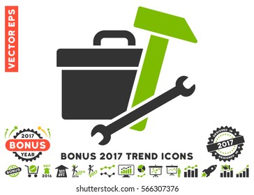 Eco Green And Gray Toolbox pictograph with bonus 2017 trend pictograms. Vector illustration style is flat iconic bicolor symbols, white background.